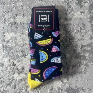 Bundlez Socks Watermelon Fruit Pattern Novelty Crew Socks Black Adult Size NWT